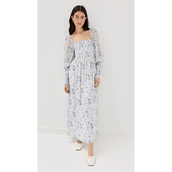 Hill House Home Angelica Nap Dress XS Blue Floral Long Sleeve 100% Viscose - Picture 1 of 13